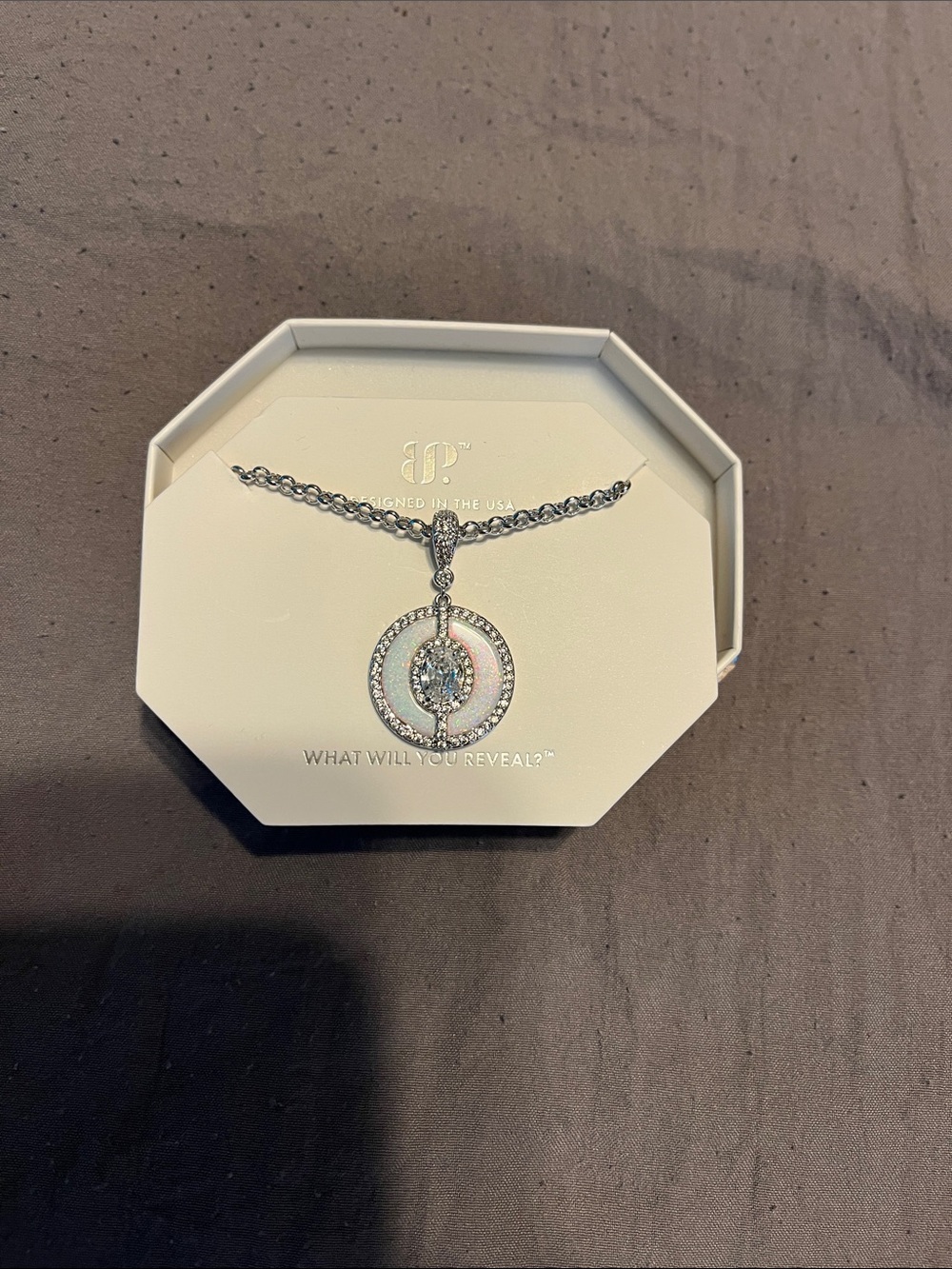 BP Milky white opal Double Circle Pendant Necklace with Clear Crystal Accent